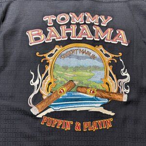 Tommy Bahama Camp Shirt Men XL Puffin' & Playin' Cigar Graphic Print Silk